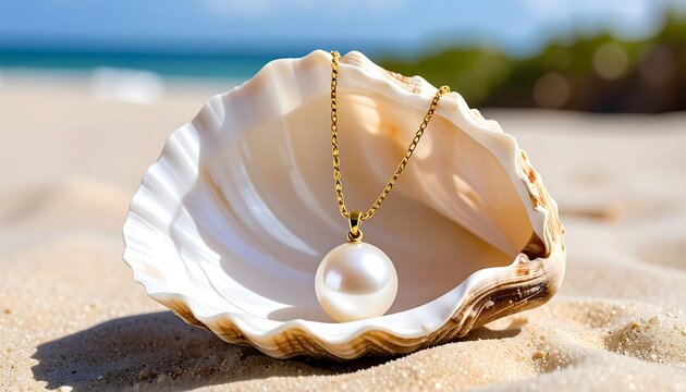 Elegant Pearl Necklace Displayed in Seashell on Sandy Beach.
