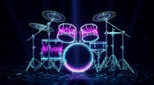 Digital Neon Glow Drum Kit with Vibrant Sound Equalizer Visualization on Bass Drum, 4k slow motion.