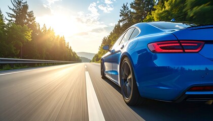 Fototapeta premium Blue sports car driving on a scenic road at sunset.