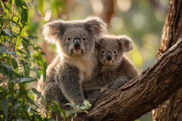 Fototapeta premium Tender koala moment: mother with joey clinging to a tree branch among green leaves