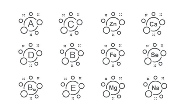 Vitamin B1, B, C, A, D, E, Ca, Zn, Mg, Se, Fe, Ca, vector. Set of Multi Vitamin, complex icons.