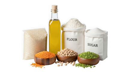 Variety of food ingredients for cooking and baking on white background transparent background