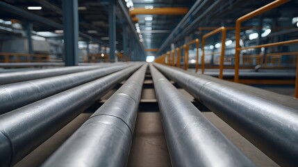 Obraz premium Rows of large metal pipes extend down a long industrial factory hallway creating a sense of depth and scale