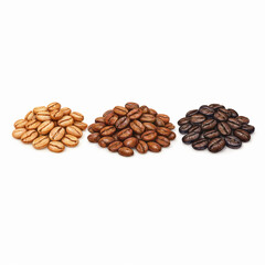 Watercolor illustration of coffee beans showing different roast levels: light, medium, and dark roast isolated on a white background.