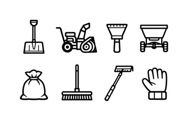 Collection of line art icons representing tools for clearing snow and ice, including a snow blower, shovel, broom, and spreader