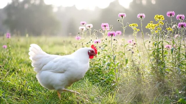 A white hen struts through a sunny meadow with wildflowers in the background