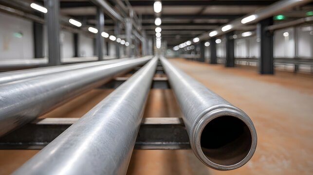 Parallel metal pipes in a modern industrial factory setting illuminated by overhead lights stretching into the distance