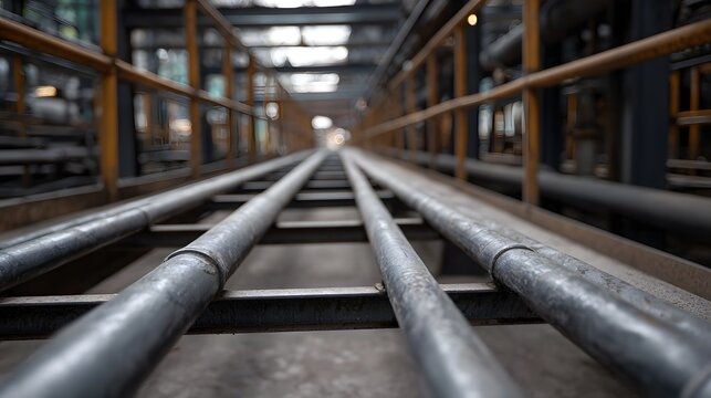 Perspective view of parallel industrial steel pipes on a metal platform leading into a blurred factory interior