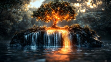 Illuminated tree atop a glowing waterfall island in a dark woodland scene