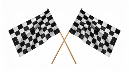 Two crossed checkered racing flags with black and white square grid pattern, waving symmetrically, flagpoles crossing at bottom center, symbolizing victory and race completion in motorsport context.