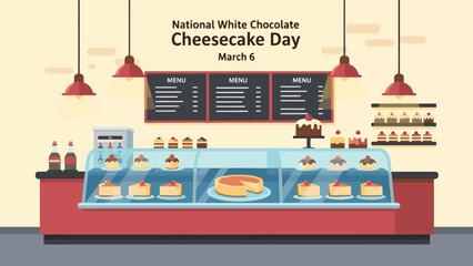 National White Chocolate Cheesecake Day March 6 Bakery Shop Interior Banner with Display Counter and Dessert Showcase Flat Vector Illustration