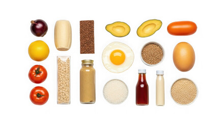 Variety of healthy food ingredients for cooking and nutrition  fresh fruits and vegetables transparent background