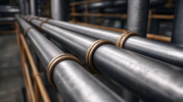 Close up of parallel industrial metal pipes with textured surfaces and support rings in a factory setting
