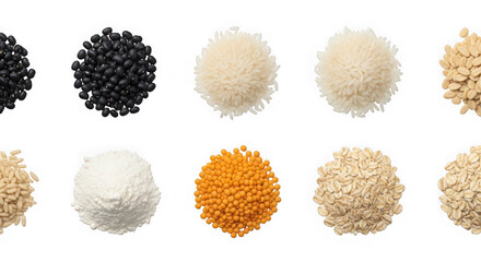 Variety of grains and legumes in piles on white background for food ingredients transparent background