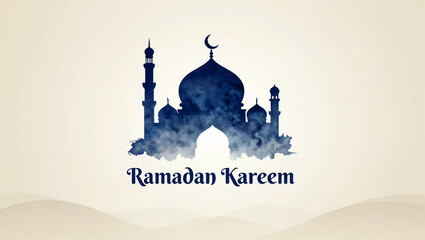 Elegant Islamic Ramadan Poster with Navy Watercolor Silhouette