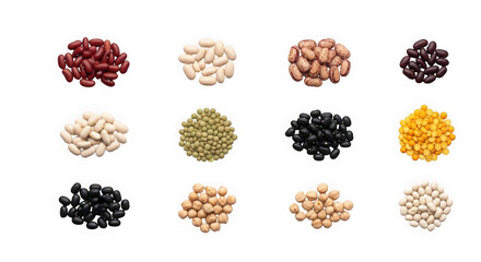 Variety of legumes and beans in different colors and shapes transparent background