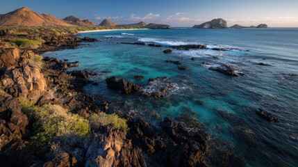 Fototapeta premium Turquoise sea along volcanic shores in the Galapagos â€“ a wildlife haven