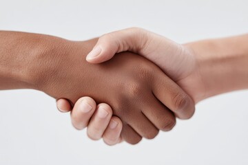 Two hands clasped in a handshake on a plain white background
