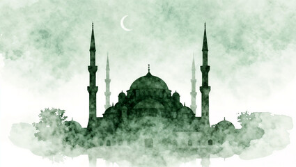 Spiritual Mosque Skyline Watercolor Art