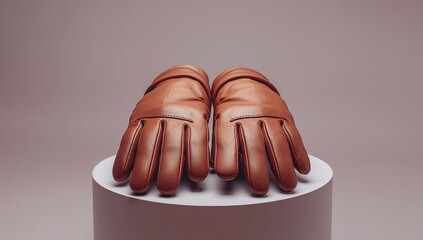 Brown leather gloves pair resting on white pedestal minimalist fashion accessory close-up soft lighting