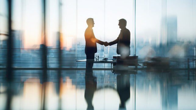 Two business professionals shake hands over a signed contract in a modern office, symbolizing a corporate merger and teamwork