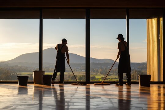 Two janitors cleaning a country house interior by a panoramic window, side view of the cleaning in progress