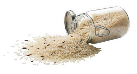 White and brown rice grains spilling from glass jar on white surface transparent background