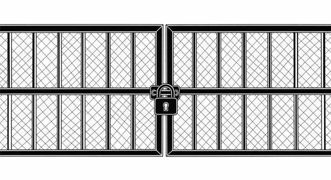 Black and white illustration of a locked gate with a padlock, symbolizing security, privacy, and restricted access.