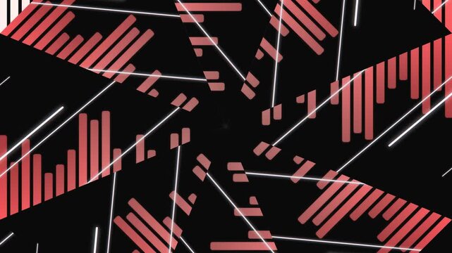 Geometric pattern of red and white lines on a black background with a mix of straight and angled shapes.