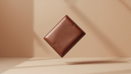 Floating brown leather wallet mid-air minimalist beige background luxury finance concept close-up