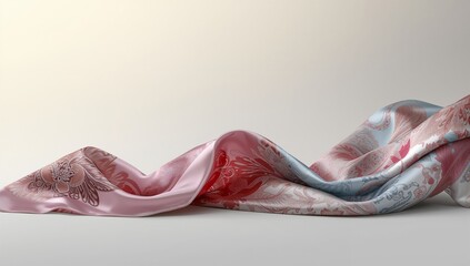 Handwoven silk scarf draped elegantly on white surface with soft gradient pink red blue tones minimalist texture