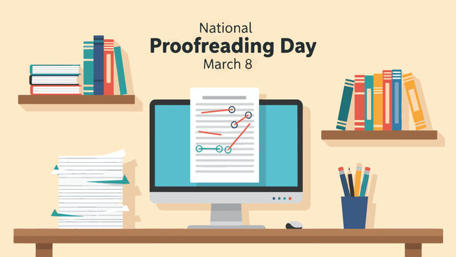 National Proofreading Day March 8 Computer Screen with Edited Document and Office Desk Flat Vector Illustration