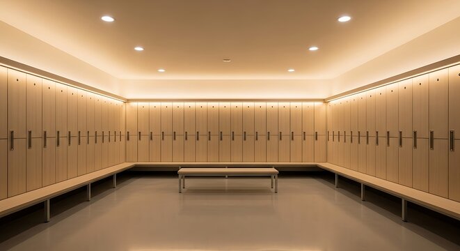 An empty, brightly lit modern locker room features numerous light wood lockers arranged along the walls and a central bench.