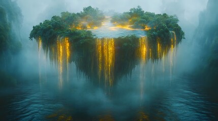 Illuminated cascading liquid pours from a lush floating landmass surrounded by misty canyon walls