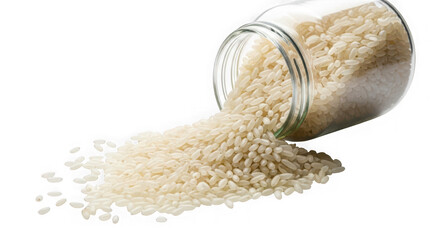 White rice grains spilling out of a clear glass jar transparent background