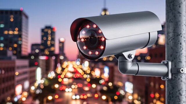 Modern security camera on city street pole at dusk with blurred background lights