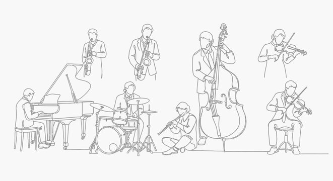 Musicians playing various instruments in a jazz ensemble.