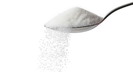 White sugar pouring from metal spoon on white background transparent background