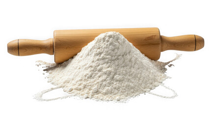 Wooden rolling pin with a pile of white flour on a white background transparent background