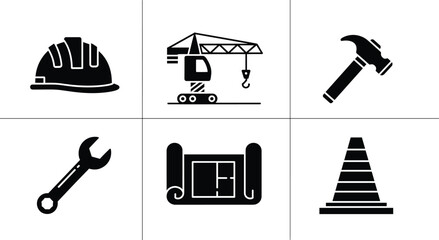 Construction set with hard hat crane hammer wrench pipe and road cone construction, hard hat, crane, hammer, wrench, pipe, road cone, building, tools, equipment, symbols, signs, industrial, engineerin