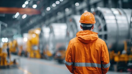 Factory worker observing industrial machines