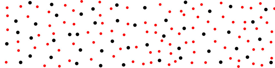 Seamless black and red polka dot pattern with randomly scattered large and small circles on a clean background © Linda
