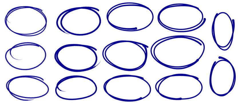Circle frame set. Blue highlighter circle on white background. Brush highlight text circles deign.