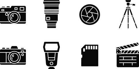 Black and white camera lens 1 tripod shutter flash camera, lens, tripod, shutter, flash, memory card, clapperboard, black and white, symbols, equipment, black, white, collection, representing, various