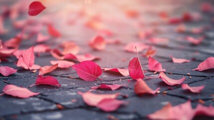 Fallen red leaves on textured surface