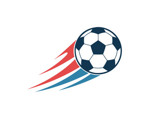 Flying Soccer Ball Vector Illustration with Dynamic Red and Blue Motion Trails, Modern Sports Graphic Isolated on White Background
