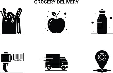 Grocery delivery including shopping bag with bread, apple, milk bottle, scanner with barcode grocery delivery, shopping bag, bread, apple, milk bottle, scanner, barcode, delivery truck, location pin, 