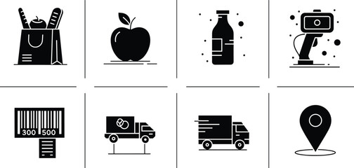 Black and white of food delivery and logistics shopping bag food delivery, logistics, black and white, shopping bag, apple, bottle, webcam, barcode, delivery truck, location pin, transportation, food,