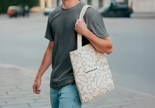 Man Carrying Tote Bag Mockup