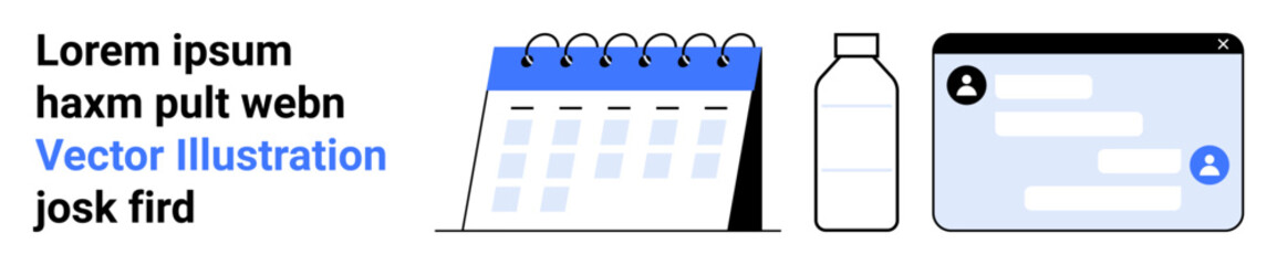 Fototapeta premium Time management, hydration, communication, productivity tools, digital workspace, scheduling. Illustration of a calendar, bottle and messaging interface. Time management and hydration concepts